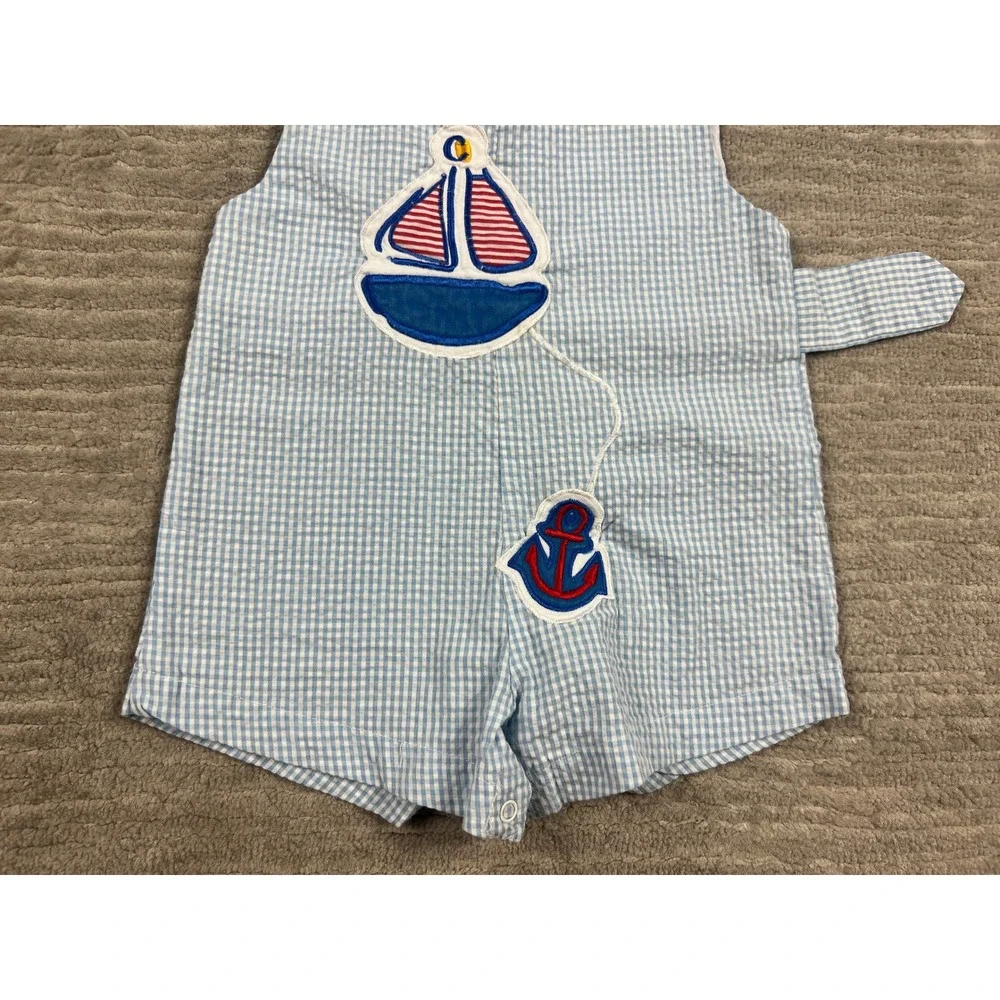 Carter's Romper Boys 6/9M Blue Gingham‎ Nautical Sailboat Seersucker One Piece